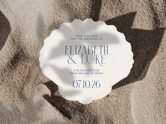 Save The Date Seashell Invitation Template, Cut Out Sea Shell Invite, Elegant Coastal Beach Wedding Invite, Editable Invitation, Printable
