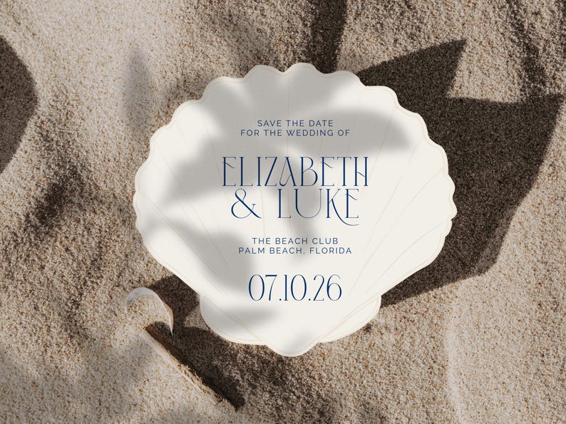 May include: Save the date card with a seashell design. The card is white with blue text that reads "Save the Date for the Wedding of Elizabeth & Luke, The Beach Club, Palm Beach, Florida, 07.10.26".