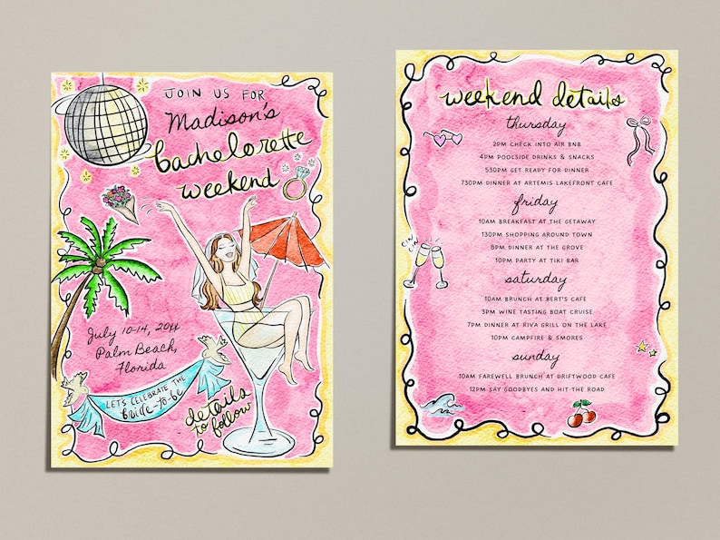 May include: Watercolor illustration of a bachelorette weekend invitation. The pink card features a woman in a martini glass, palm trees, and event details. The text reads "Madison's bachelorette weekend" and event details.