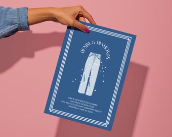 Sjabloon voor uitnodiging verjaardagsfeestje denim en diamanten, bewerkbare uitnodiging, afdrukbare uitnodiging, 30e 40e 50e verjaardag, denim en diamanten