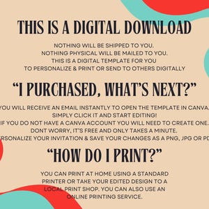 May include: Digital download graphic with text: "THIS IS A DIGITAL DOWNLOAD." Instructions on how to use the digital template are included. The background is beige with red and teal abstract shapes.