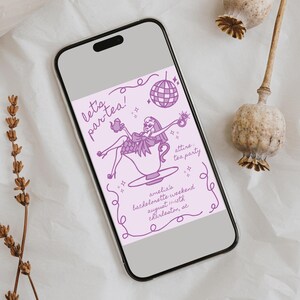 May include: A purple and white illustrated invitation for a bachelorette party with the text "let's par-tea!" and "amelia's bachelorette weekend august misth charleston, sc".