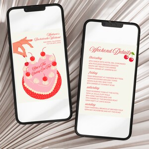 May include: A digital invitation for a bachelorette weekend in San Diego, California. The invitation features a pink and red cherry-topped cake with the text "She's the Cherry on Top". The weekend details are listed on a separate page, including activities like poolside drinks, shopping, yoga, and a farewell brunch.