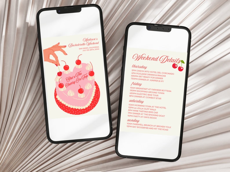 May include: A digital invitation for a bachelorette weekend in San Diego, California. The invitation features a pink and red cherry-topped cake with the text "She's the Cherry on Top". The weekend details are listed on a separate page, including activities like poolside drinks, shopping, yoga, and a farewell brunch.