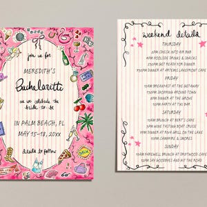 K&ouml;nnte beinhalten: Aquarell-Einladung und Reiseroute f&uuml;r einen Junggesellinnenabschied. Die Einladung ist rosa mit Illustrationen und dem Text "Meredith's Bachelorette" und Veranstaltungsdetails. Die Reiseroute befindet sich auf einem passenden Hintergrund.