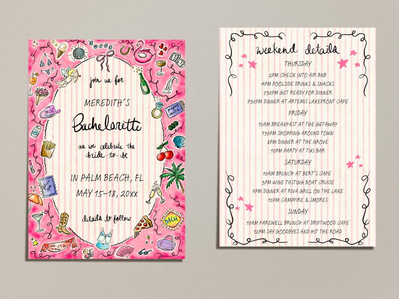 K&ouml;nnte beinhalten: Aquarell-Einladung und Reiseroute f&uuml;r einen Junggesellinnenabschied. Die Einladung ist rosa mit Illustrationen und dem Text "Meredith's Bachelorette" und Veranstaltungsdetails. Die Reiseroute befindet sich auf einem passenden Hintergrund.