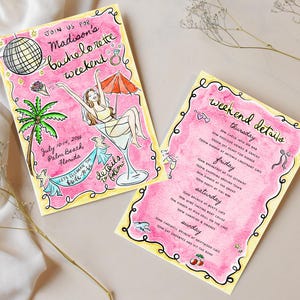 May include: Watercolor invitation for a bachelorette weekend in Palm Beach, Florida. The pink card features a disco ball, palm tree, and a woman in a martini glass. The second card lists weekend details.