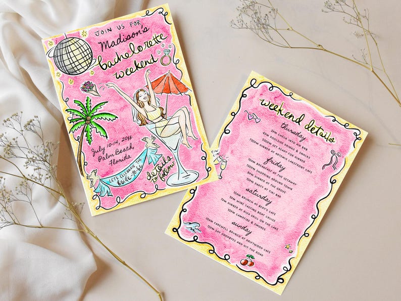 May include: Watercolor invitation for a bachelorette weekend in Palm Beach, Florida. The pink card features a disco ball, palm tree, and a woman in a martini glass. The second card lists weekend details.