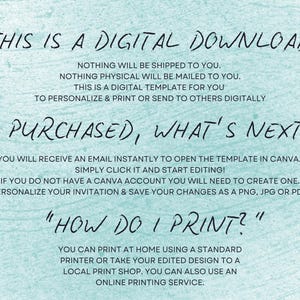 May include: Text on a light blue background reads "THIS IS A DIGITAL DOWNLOAD" and explains the digital template. It answers "I PURCHASED, WHAT'S NEXT?" and "HOW DO I PRINT?" with instructions for use and printing.