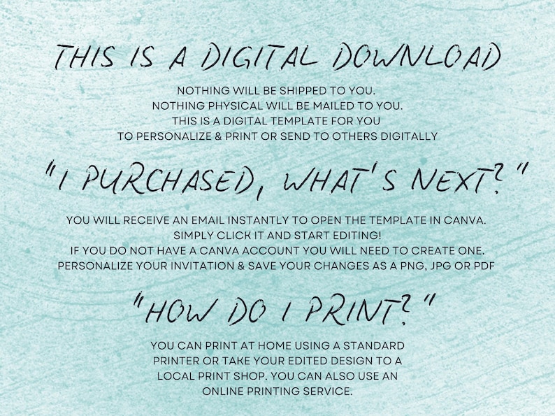 May include: Text on a light blue background reads "THIS IS A DIGITAL DOWNLOAD" and explains the digital template. It answers "I PURCHASED, WHAT'S NEXT?" and "HOW DO I PRINT?" with instructions for use and printing.