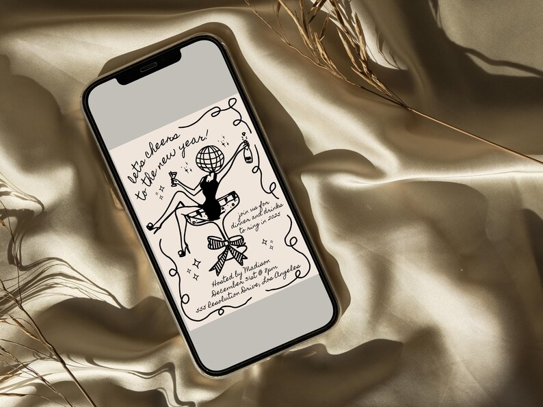 May include: A black and white illustration of a person with a disco ball for a head sitting on a chair with a glass of champagne. The text on the image reads "let's cheers to the new year!" and "join us for dinner and drinks to ring in 2023". The text also includes the event details: "Hosted by Madison December 31st at 8 pm 222 Resolution Drive, Los Angeles"