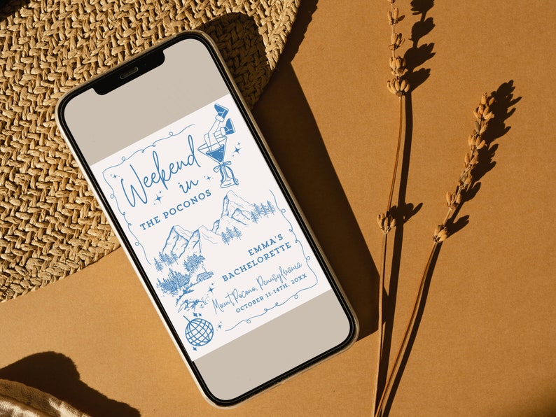 May include: A blue and white illustrated invitation for a bachelorette party weekend in the Poconos. The invitation features a mountain landscape, a cocktail glass, and a disco ball. The text reads "Weekend in the Poconos, Emma's Bachelorette, Mount Pacana, Pennsylfania, October 11-14th, 20XX".