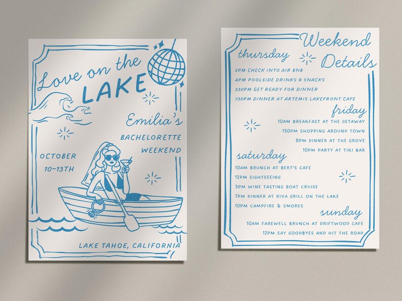 Puede incluir: Invitaci&oacute;n de dos caras para un fin de semana de despedida de soltera. El lado izquierdo presenta una ilustraci&oacute;n azul de una mujer en un bote con el texto "Love on the Lake" y "Emilia's Bachelorette Weekend". El lado derecho enumera los detalles del fin de semana.