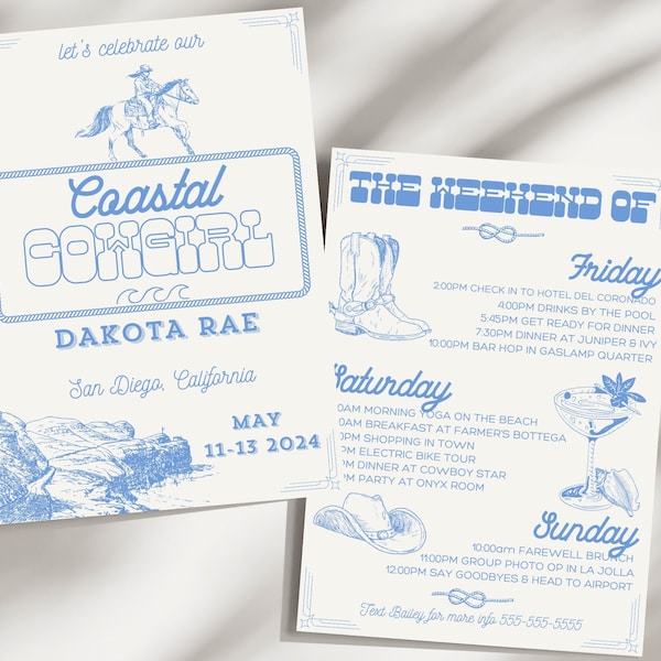 Coastal Cowgirl Bachelorette Party Invitation Template | Editable Double Sided Bach Itinerary | Canva Templates | 2024 2025 Bride