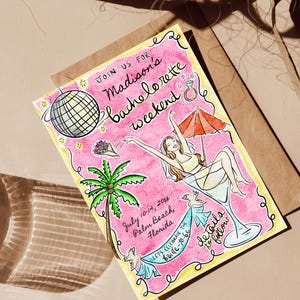 May include: Watercolor invitation for Madison's bachelorette weekend. The invitation features a woman in a martini glass, a disco ball, a palm tree, and the text "Join us for Madison's bachelorette weekend" and "July 10-14, 2014 Palm Beach, Florida."