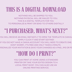 May include: A pink and white digital download graphic with the text "This is a digital download" and instructions on how to use the template. The text also says "I purchased, what's next?" and "How do I print?"