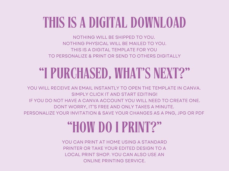 May include: A pink and white digital download graphic with the text "This is a digital download" and instructions on how to use the template. The text also says "I purchased, what's next?" and "How do I print?"