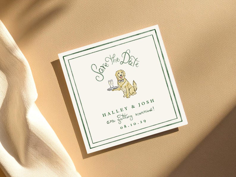 Watercolor Golden Retriever Dog Save The Date Invitation, Dog Save The Date Invite, Fun Watercolor Wedding Invite, Hand Drawn Invite, Square image 3