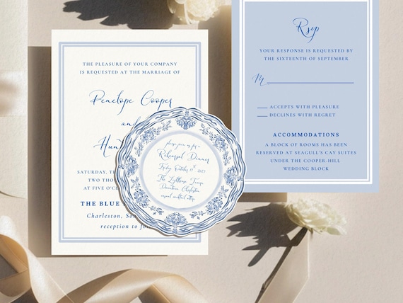 Decorative Plate Details Card Template, Cut Out Card for Wedding Invitation, RSVP Card, Welcome Party, Rehearsal Dinner, Blue and White