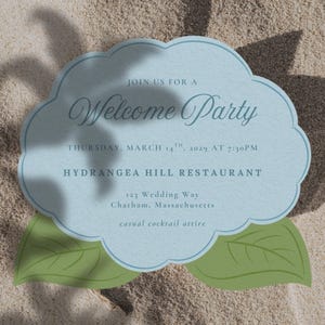 May include: A light blue invitation card with a scalloped edge, featuring the text "Welcome Party". The card includes details for a party on March 14, 2029, at 7:30 PM at Hydrangea Hill Restaurant. Green leaf illustrations are at the bottom.