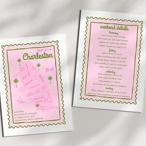 May include: A pink and green illustrated map of Charleston, South Carolina, with the text "Meet us in Charleston" and "Madison's Bachelorette Weekend October 6-7th, 20XX Charleston, South Carolina". A separate card with a pink and green border lists a weekend itinerary with the text "Weekend Details" and the days of the week: Thursday, Friday, Saturday, and Sunday.