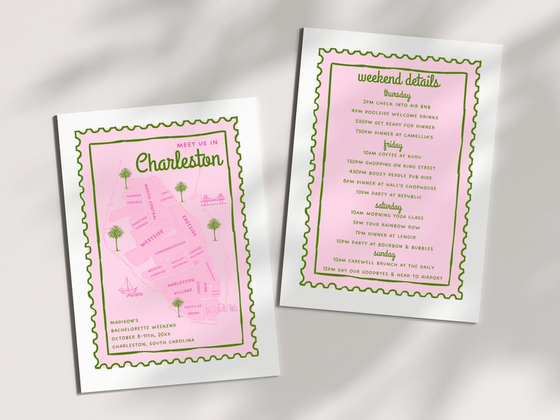 May include: A pink and green illustrated map of Charleston, South Carolina, with the text "Meet us in Charleston" and "Madison's Bachelorette Weekend October 6-7th, 20XX Charleston, South Carolina". A separate card with a pink and green border lists a weekend itinerary with the text "Weekend Details" and the days of the week: Thursday, Friday, Saturday, and Sunday.