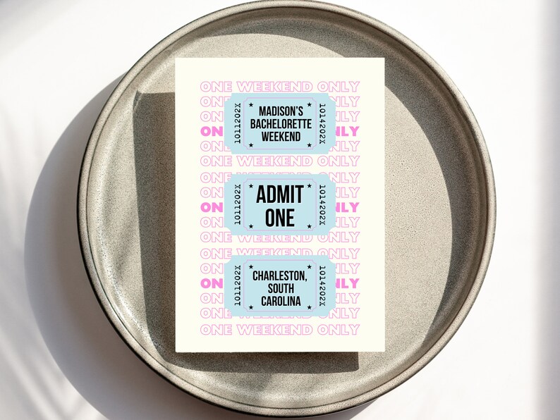 May include: Three blue and white ticket-style cards with pink text. The top card says "Madison's Bachelorette Weekend". The middle card says "Admit One". The bottom card says "Charleston, South Carolina".