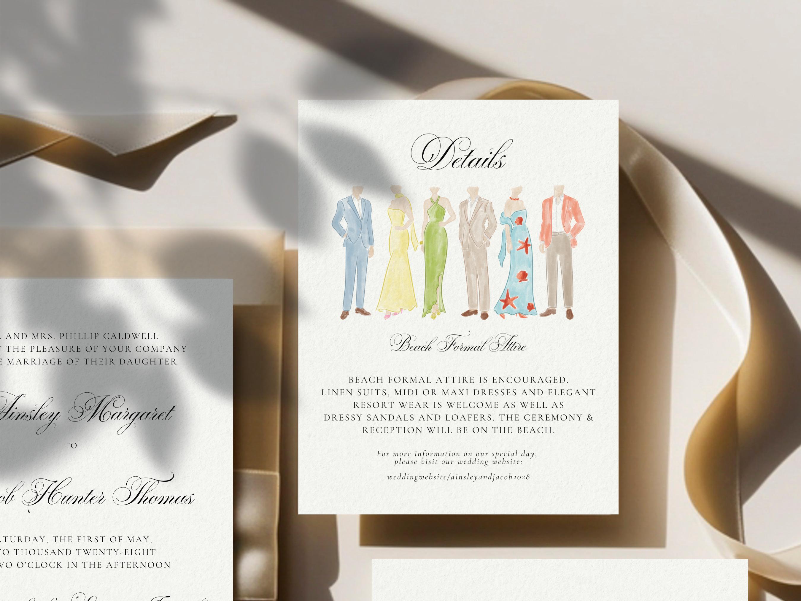 Wedding Dress Code Details Card Template, Beach Formal Wedding Attire, Destination Wedding Invitation, Watercolor Dress Code Fun Infographic