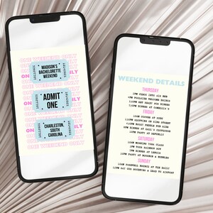 May include: A blue and pink phone screen displaying a bachelorette weekend itinerary. The itinerary includes a list of activities for each day of the weekend, including a pool party, shopping, and a farewell brunch. The text on the screen reads "Weekend Details", "Thursday", "Friday", "Saturday", and "Sunday".