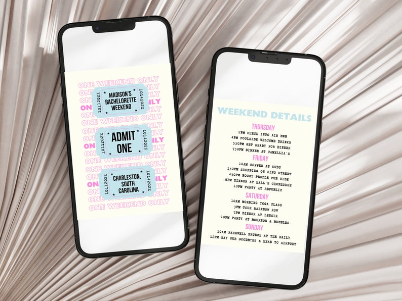 May include: A blue and pink phone screen displaying a bachelorette weekend itinerary. The itinerary includes a list of activities for each day of the weekend, including a pool party, shopping, and a farewell brunch. The text on the screen reads "Weekend Details", "Thursday", "Friday", "Saturday", and "Sunday".