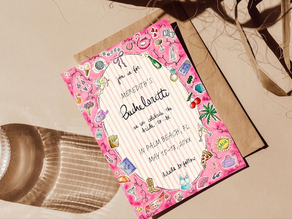 Watercolor Bachelorette Invitation, Colorful Watercolor Invite, Bachelorette Itinerary Template, Editable and Printable, Whimsical, Striped