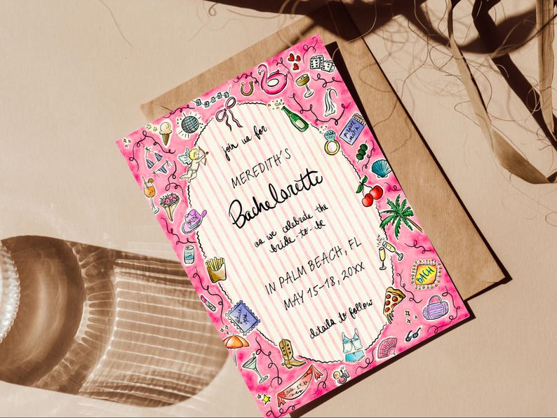 K&ouml;nnte beinhalten: Rosa Einladung f&uuml;r einen Junggesellinnenabschied mit Illustrationen. Enth&auml;lt den Text "Meredith's Bachelorette" und Veranstaltungsdetails f&uuml;r Palm Beach, FL, 15.-18. Mai 20XX.