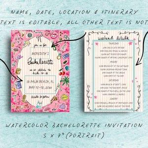 K&ouml;nnte beinhalten: Aquarell-Junggesellinnenabschiedseinladung mit rosa-wei&szlig; gestreiftem Hintergrund. Die Einladung enth&auml;lt den Text "Meredith's Bachelorette" und Veranstaltungsdetails. Die Einladung ist 12,7 x 17,8 cm gro&szlig;.