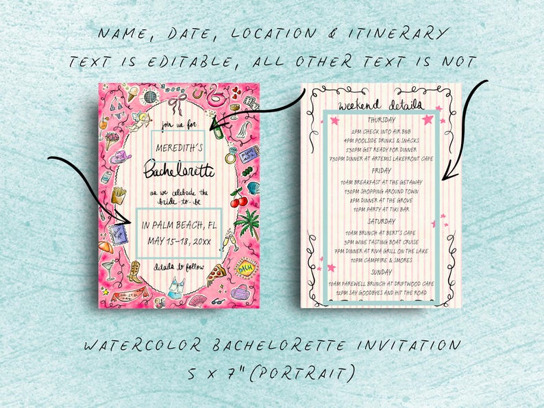K&ouml;nnte beinhalten: Aquarell-Junggesellinnenabschiedseinladung mit rosa-wei&szlig; gestreiftem Hintergrund. Die Einladung enth&auml;lt den Text "Meredith's Bachelorette" und Veranstaltungsdetails. Die Einladung ist 12,7 x 17,8 cm gro&szlig;.