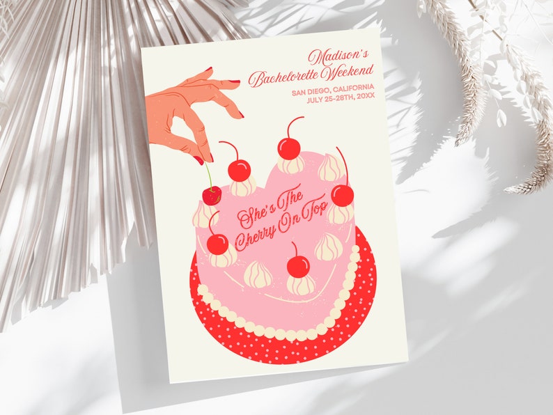 May include: A pink and red illustrated cake with white frosting and red cherries. The text "She's The Cherry On Top" is written on the cake. The image is for a bachelorette party.