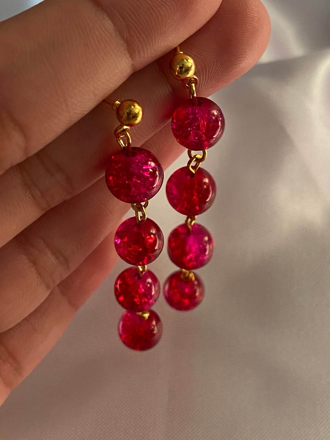 Pink Beaded Earrings/two tone Beads Earrings/Long Crackle Etsy