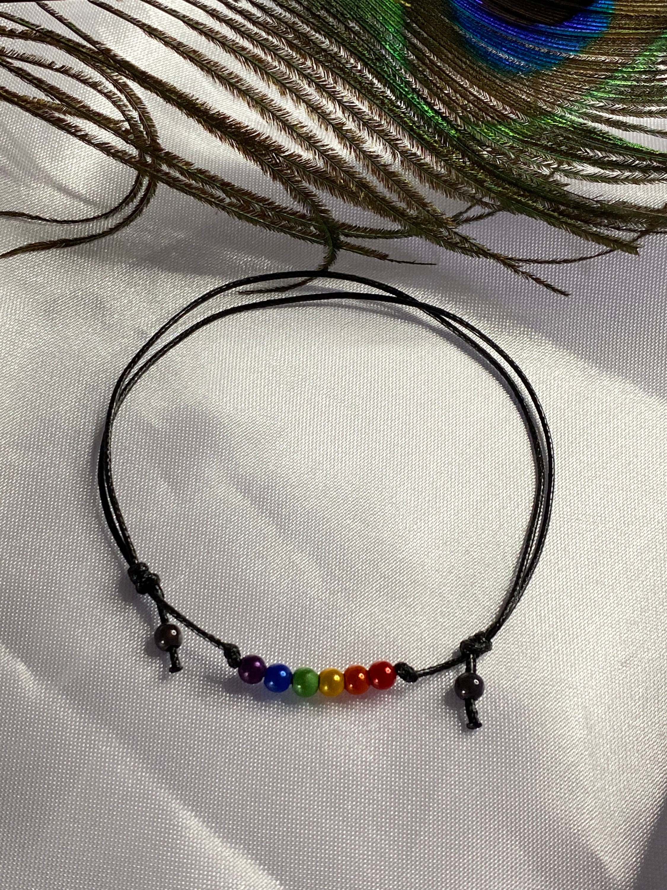 Rainbow pride anklet/3D Rainbow bead anklet/Adjustable waxed Etsy