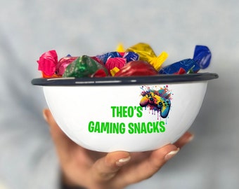 Gepersonaliseerde geëmailleerde snackschaal, gamercadeau, gamingsnacks, gamertraktatieskom, tv-snackschaal, gepersonaliseerd gamercadeau, filmavond, traktatiedoos