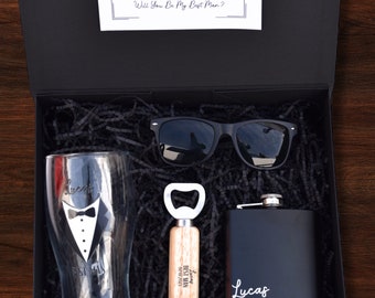 Set de regalo personalizado para padrinos de boda, petaca, gafas de sol y abridor de botellas para "¿Quieres ser mi padrino?"