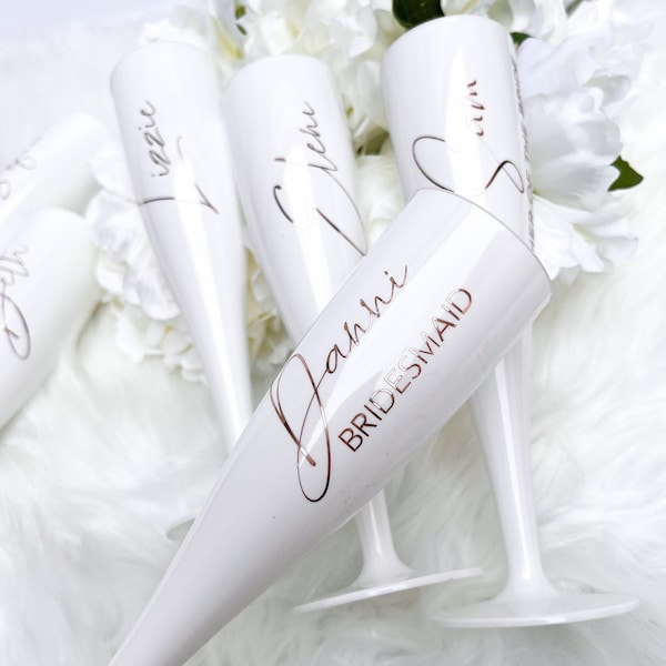 Personalised Bridal Party White Champagne Prosecco Flutes, Bridal Party Wine Glasses, Champagne Flute, Wedding Glasses, Prosecco Glass, Hen