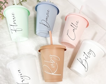 Personalised Kids Cold Cup with Straw, Starbucks Inspired, Pastel Colours, Named Plastic Tumbler, Cold Cup, Reusable Cold Cup, Starbucks Cup