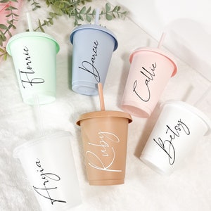 Personalised Kids Cold Cup with Straw, Starbucks Inspired, Pastel Colours, Named Plastic Tumbler, Cold Cup, Reusable Cold Cup, Starbucks Cup