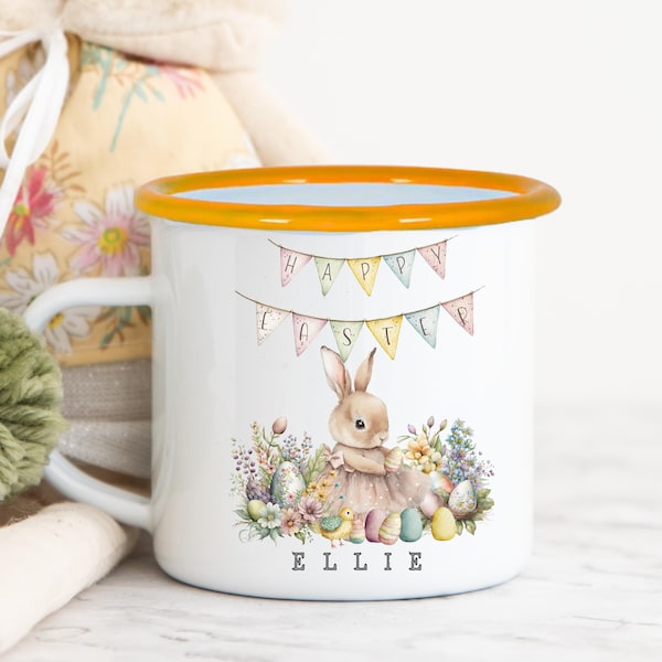 Taza de esmalte personalizada para niños con diseño de conejito para Pascua.