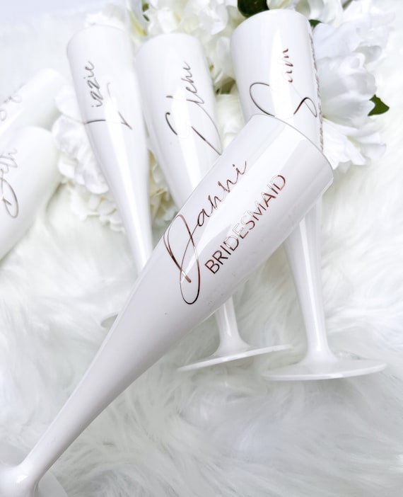 Personalized Bridal Party Champagne Flutes: White Prosecco Glasses