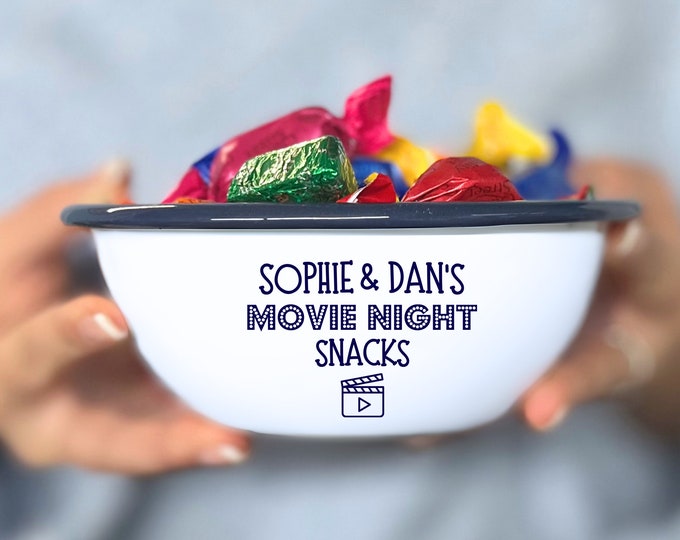 Personalised Enamel Snack Bowl, Date night Treat Bowl, Movie Night Snacks, Enamel Bowl, TV Snack Bowl, Family Night In Bowl, Couples Gift