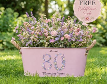 Personalised Floral 80th Birthday Planter, Milestone Birthday Garden Gift for Mum Nan Grandma, Wildflower Seeds Included