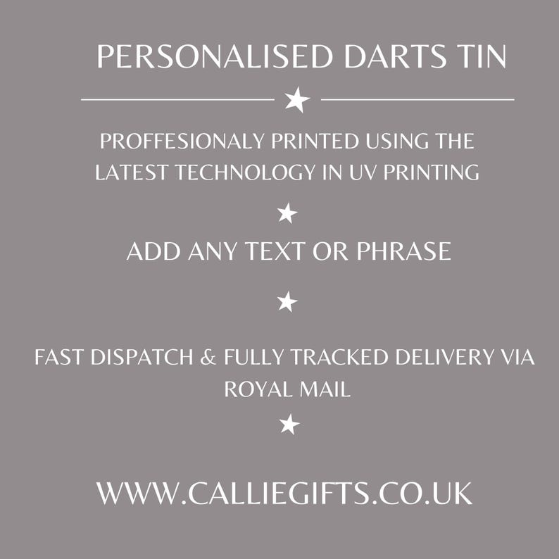 May include: A gray background with white text that reads "PERSONALISED DARTS TIN". The text below states "PROFFESIONALY PRINTED USING THE LATEST TECHNOLOGY IN UV PRINTING". The text "ADD ANY TEXT OR PHRASE" is also visible.