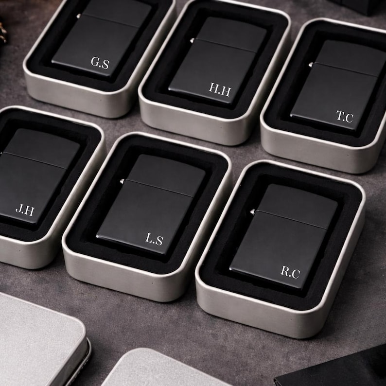 personalised Matte black lighter displayed as groomsmen gift