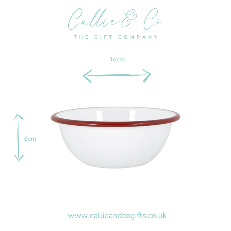 May include: White enamel bowl with a red rim, measuring 6 cm high and 16 cm wide. The bowl has a simple, classic design. The text "Callie & Co The Gift Company" is at the top, and the website address is at the bottom.
