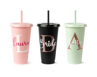 Personalised Initial Cold Cup with Straw: Bridal Party Tumbler
